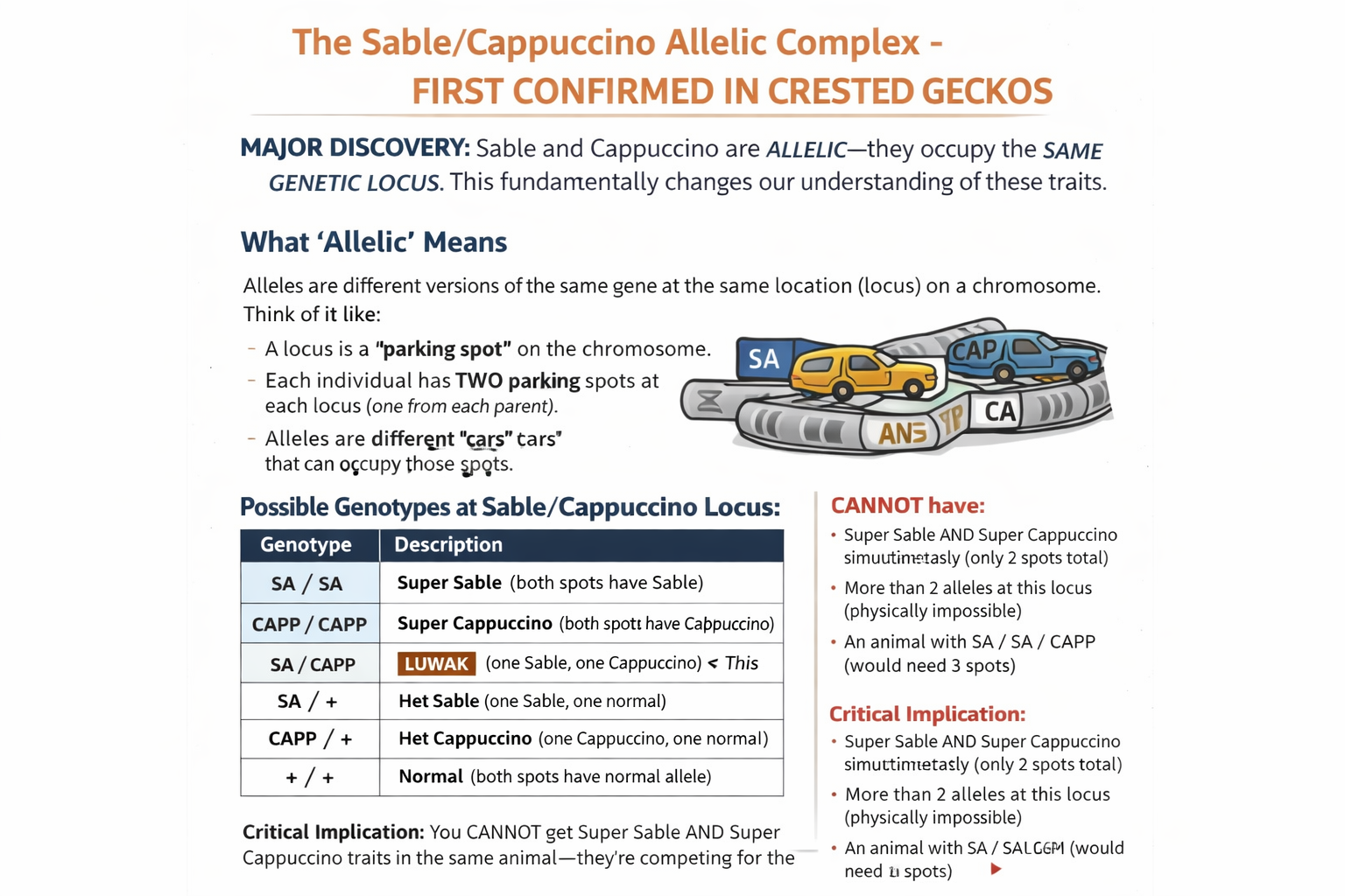 Educational diagram explaining the Sable/Cappuccino allelic complex and Luwak production Allelic complex diagram showing Sable and Cappuccino
